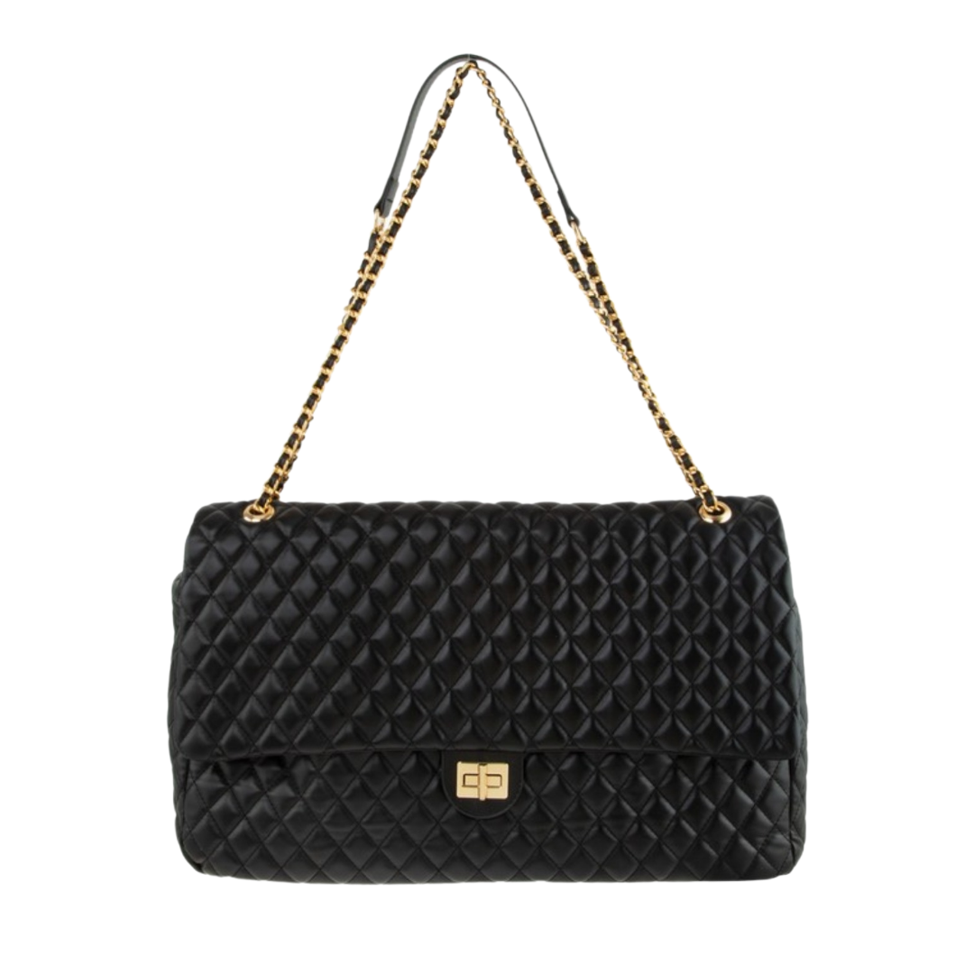 Bally Quilted Black Leather Purse Bag Woven Leather & Gold Chain