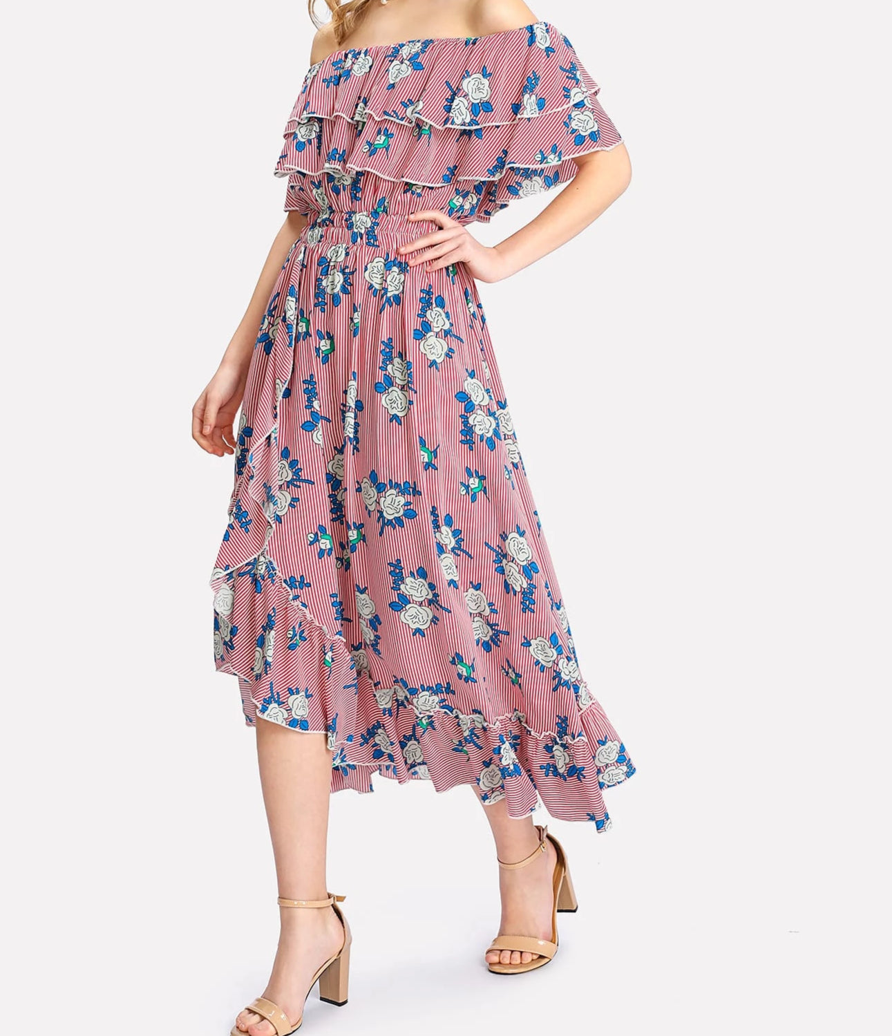 Liana Print Ruffle Bardot Midi Dress - Didi Royale